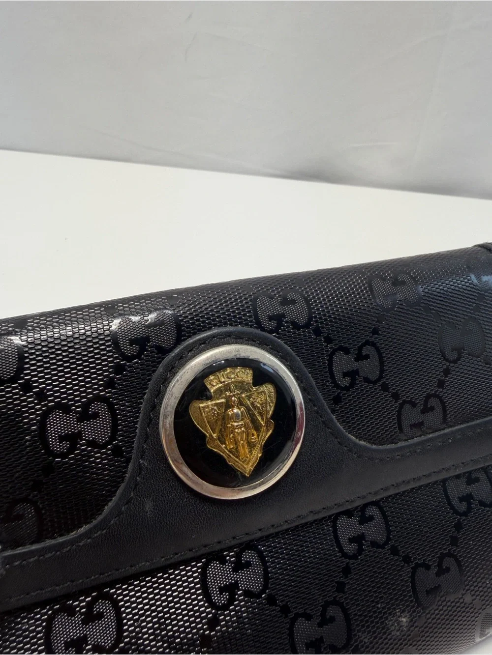 Gucci Black GG Monogram Continental Wallet with Gold Crest